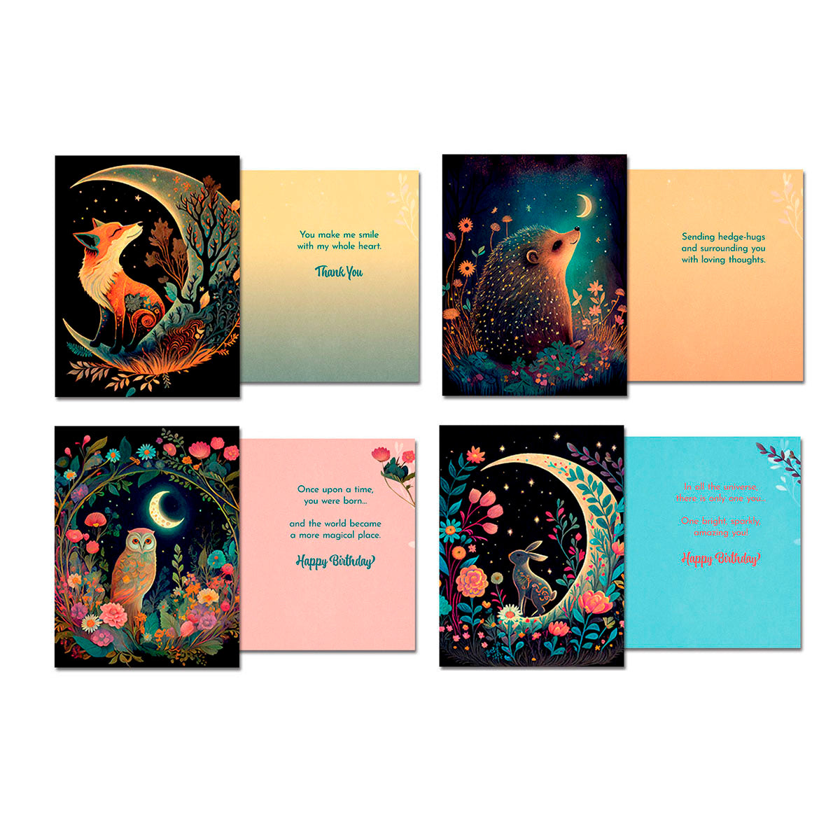 Layout displaying the front and open inside of four different whimsical greeting cards: a fox 'Thank You' card, a hedgehog 'Thinking of You' card, an owl 'Happy Birthday' card, and a rabbit 'Happy Birthday' card, each with unique woodland animal and moon designs.