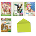 Assortment of four funny farm animal birthday greeting cards (pig, cow, horse, goat) with a green envelope, displaying 'Hogs & Kisses', 'You're how old?', 'Hay There!', and 'Birthdays aren't so BAARAAAD_'