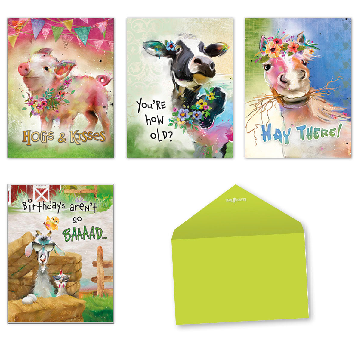 Assortment of four funny farm animal birthday greeting cards (pig, cow, horse, goat) with a green envelope, displaying 'Hogs & Kisses', 'You're how old?', 'Hay There!', and 'Birthdays aren't so BAARAAAD_'