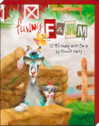Front cover of the 'Funny Farm' 12 Birthday Note Cards box by Connie Haley, featuring a cool goat in sunglasses with a chick on its head, against a barn backdrop.