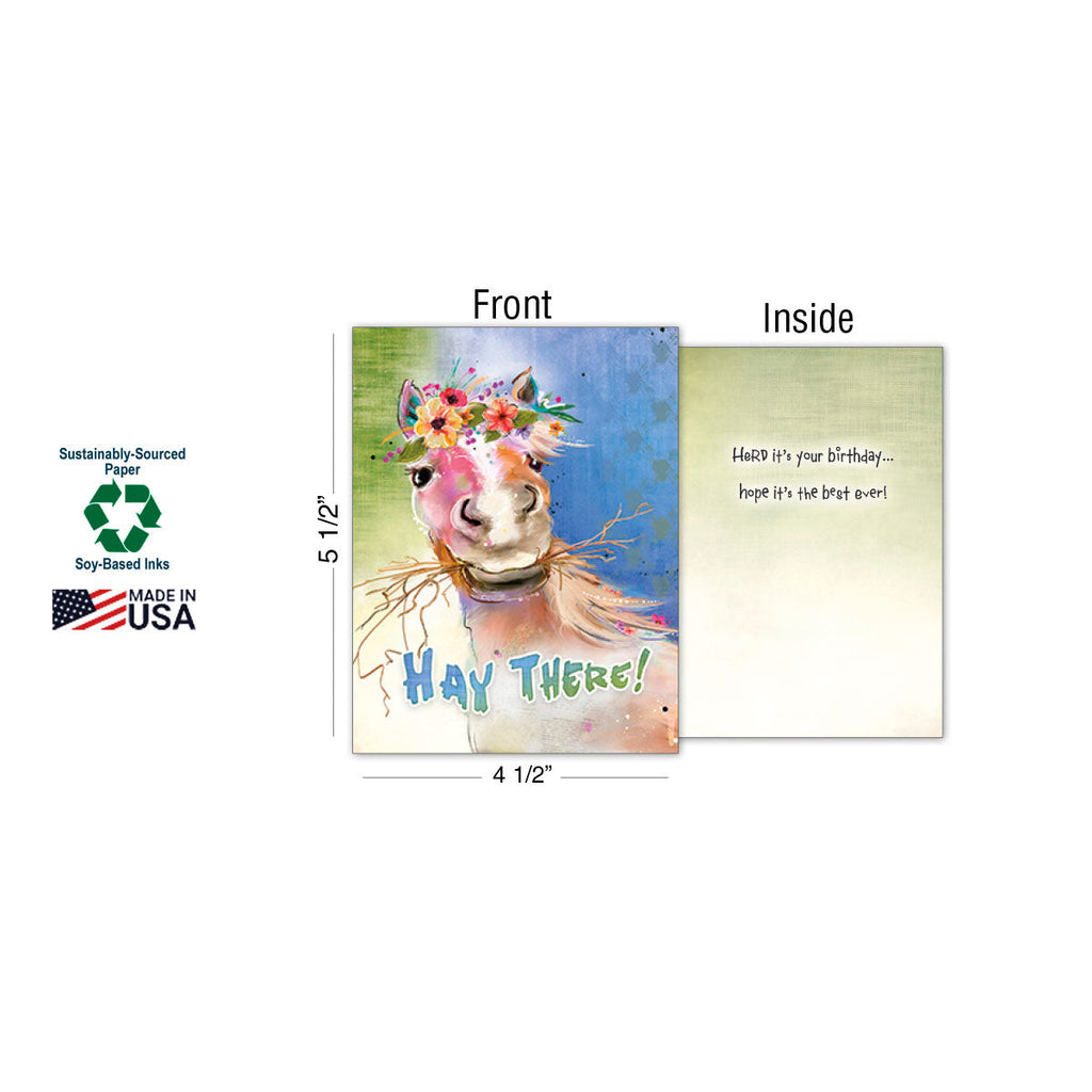 A single 'Hay There!' horse birthday greeting card, showing the front with colorful flowers and the inside message 'HOPE it's your birthday... hope it's the best ever!', with dimensions 5 1/2" x 4 1/2" and eco-friendly labels.