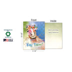 A single 'Hay There!' horse birthday greeting card, showing the front with colorful flowers and the inside message 'HOPE it's your birthday... hope it's the best ever!', with dimensions 5 1/2" x 4 1/2" and eco-friendly labels.