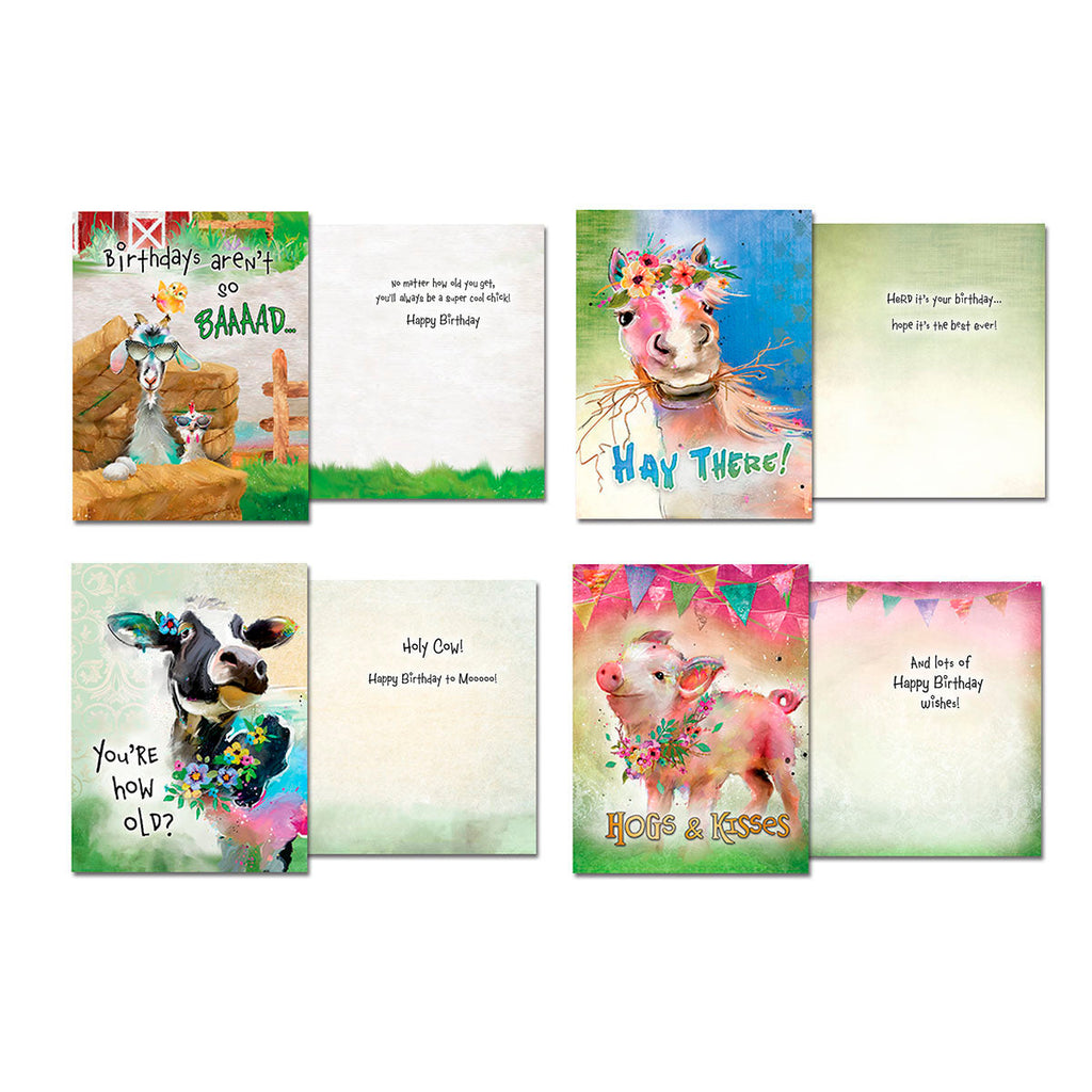 Full spread view of four different funny farm animal birthday cards, open to show both the front designs and the inside messages: pig, cow, horse, and goat designs.