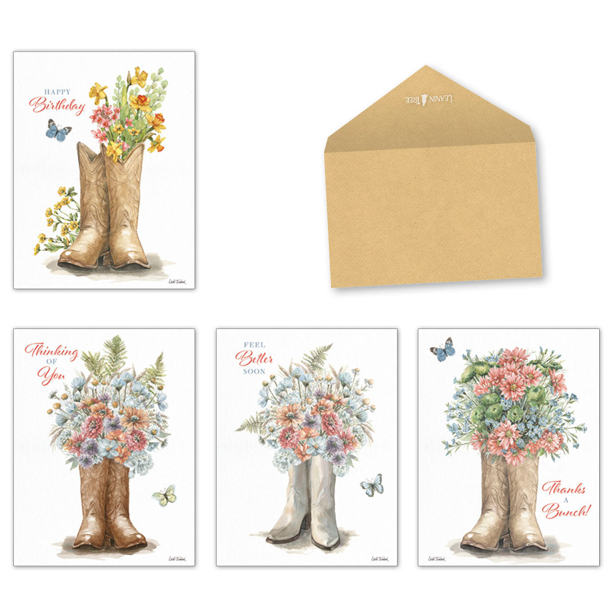 Assortment of four Western Wildflowers greeting cards: Happy Birthday, Thinking of You, Feel Better Soon, and Thanks a Bunch, each featuring watercolor cowboy boots overflowing with vibrant wildflowers, alongside a blank kraft paper envelope.