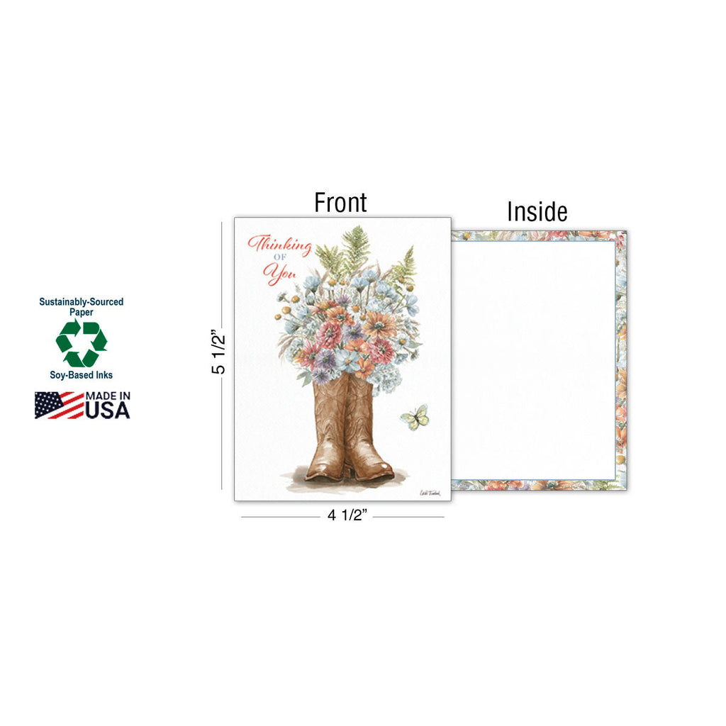 Detailed view of a 'Thinking of You' greeting card, front showing cowboy boots with flowers, and inside revealing a colorful floral border. Dimensions 4 1/2" x 5 1/2", highlighting sustainable paper, soy inks, and Made in USA.