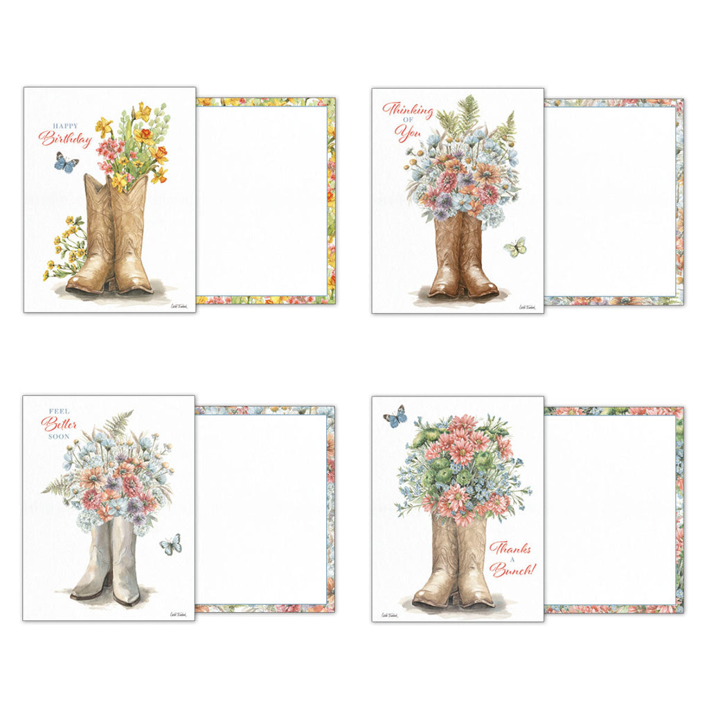 Four open greeting cards from the Western Wildflowers assortment: Happy Birthday, Thinking of You, Feel Better Soon, and Thanks a Bunch. Each card displays its unique front design (boots with flowers) and the matching colorful floral border on the inside for writing.