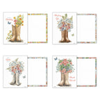 Four open greeting cards from the Western Wildflowers assortment: Happy Birthday, Thinking of You, Feel Better Soon, and Thanks a Bunch. Each card displays its unique front design (boots with flowers) and the matching colorful floral border on the inside for writing.