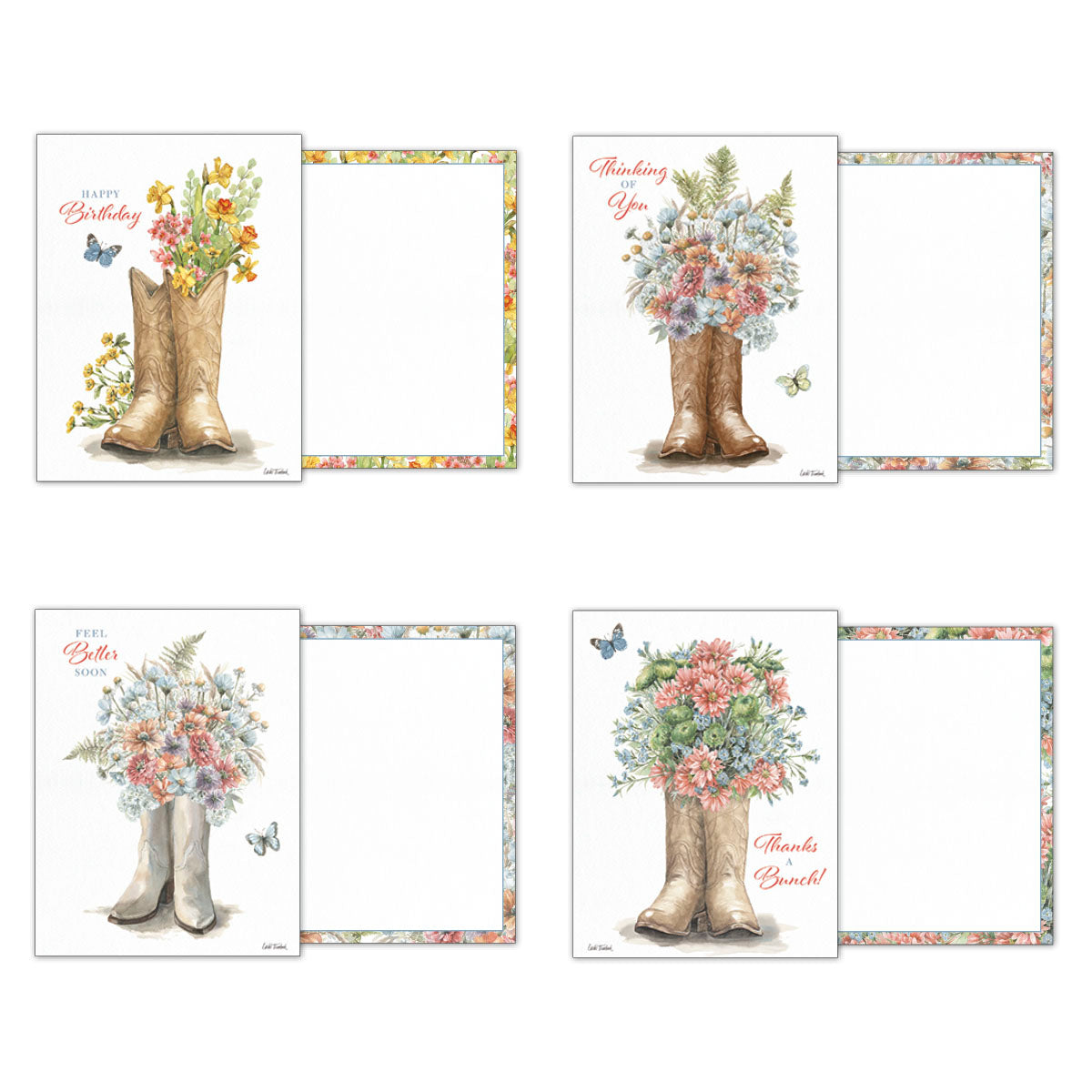 Four open greeting cards from the Western Wildflowers assortment: Happy Birthday, Thinking of You, Feel Better Soon, and Thanks a Bunch. Each card displays its unique front design (boots with flowers) and the matching colorful floral border on the inside for writing.