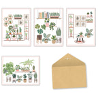 Set of four unique plant-themed greeting cards and a kraft brown envelope, showcasing diverse indoor plants in pots and shelves, perfect for various occasions.