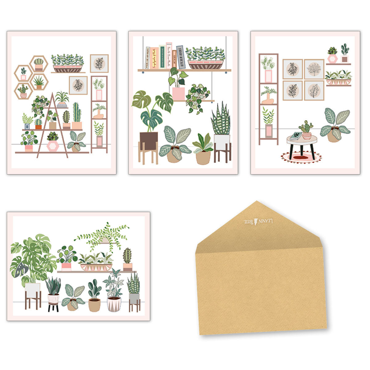 Set of four unique plant-themed greeting cards and a kraft brown envelope, showcasing diverse indoor plants in pots and shelves, perfect for various occasions.