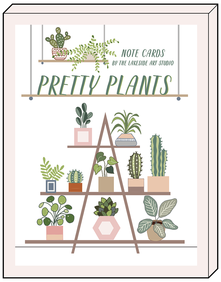 Close-up of one 'Pretty Plants' note card design from The Lakeside Art Studio, showcasing various potted cacti and succulents arranged on stylish shelves with a green border.