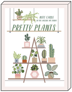 Close-up of one 'Pretty Plants' note card design from The Lakeside Art Studio, showcasing various potted cacti and succulents arranged on stylish shelves with a green border.