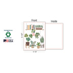 Greeting card dimensions (5 1/2'' x 4 1/2''), showcasing the front with plant illustrations on a shelf and a blank back, highlighted with 'Sustainably-Sourced Paper', 'Soy-Based Inks', and 'MADE IN USA' logos.