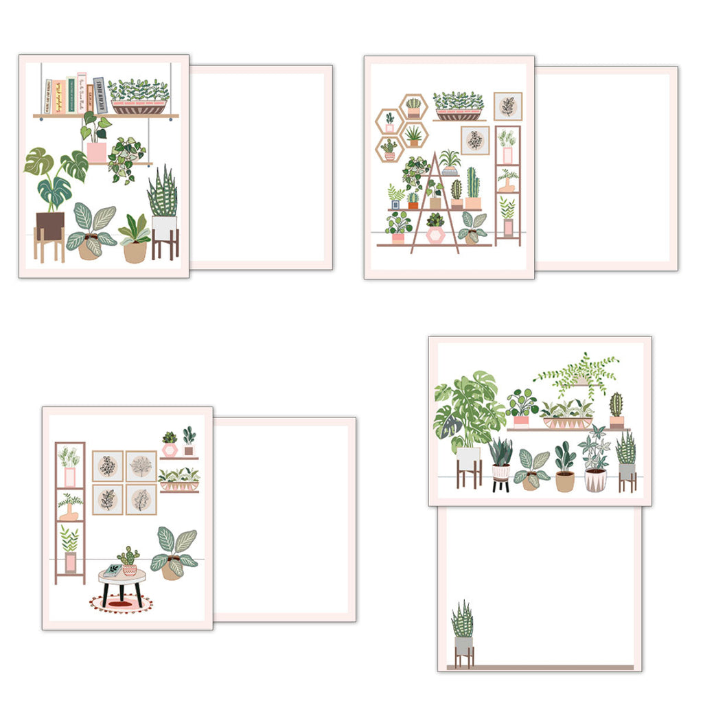 Four distinct plant-themed greeting card designs, each shown with its illustrated front and blank interior, emphasizing the variety in the assortment pack.