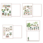 Four distinct plant-themed greeting card designs, each shown with its illustrated front and blank interior, emphasizing the variety in the assortment pack.