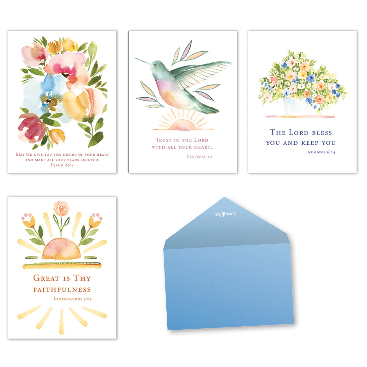 Assortment of four watercolor religious greeting card fronts featuring floral designs, hummingbirds, and scripture verses, alongside a light blue envelope.