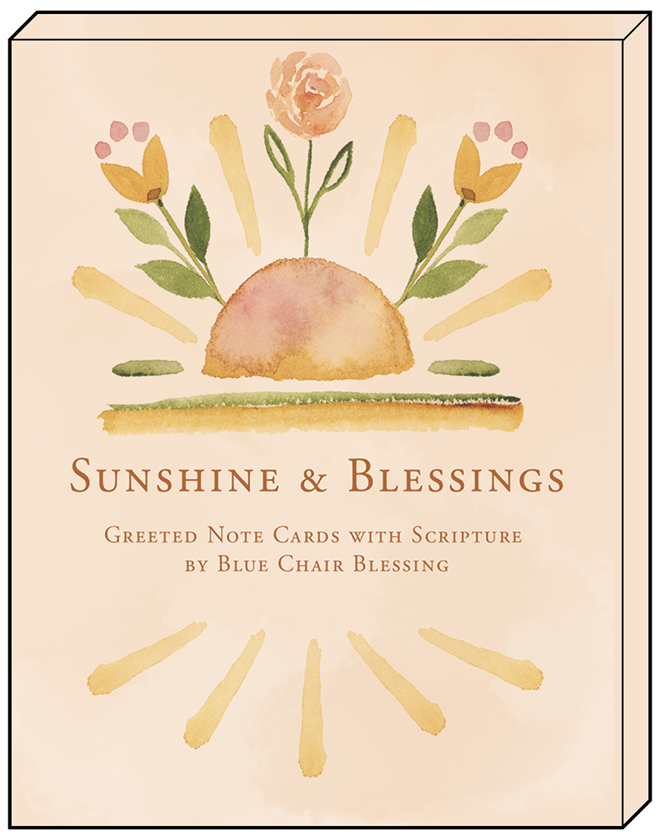 Close-up of the 'Sunshine & Blessings' greeting card box, showcasing a watercolor sunrise and floral design with product title 'Greeted Note Cards with Scripture by Blue Chair Blessing'.