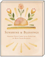 Close-up of the 'Sunshine & Blessings' greeting card box, showcasing a watercolor sunrise and floral design with product title 'Greeted Note Cards with Scripture by Blue Chair Blessing'.