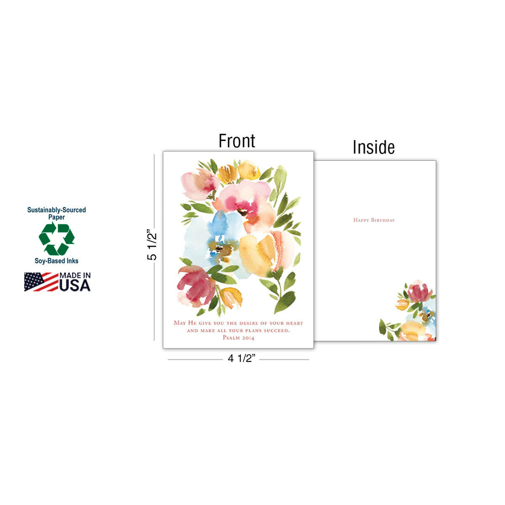 Single watercolor floral greeting card with Psalm 20:4, displaying front, inside (Happy Birthday), and dimensions (4 1/2' x 5 1/2'), highlighting Made in USA, sustainably-sourced paper, and soy-based inks.