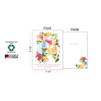 Single watercolor floral greeting card with Psalm 20:4, displaying front, inside (Happy Birthday), and dimensions (4 1/2' x 5 1/2'), highlighting Made in USA, sustainably-sourced paper, and soy-based inks.