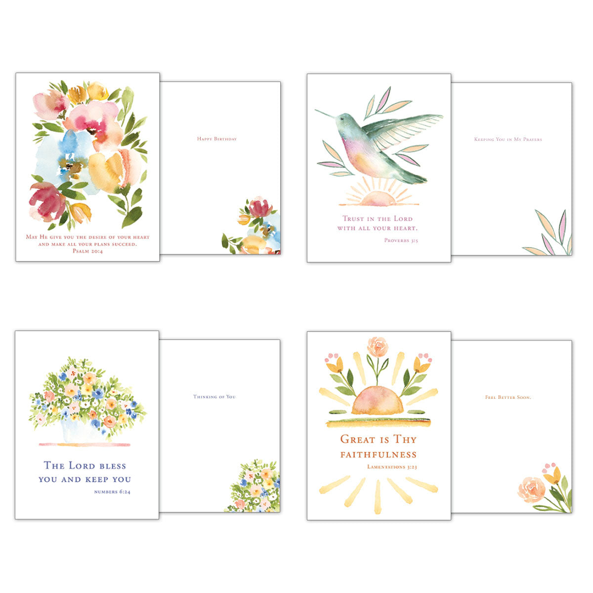 Four different religious greeting cards opened to display both watercolor floral fronts and inspiring interior messages like 'Happy Birthday', 'Keeping You in My Prayers', 'Thinking of You', and 'Feel Better Soon'.