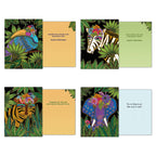 Full display of four unique 'Jungle Spirit' greeting cards opened to reveal their vibrant animal designs (toucan, zebra, tiger, elephant) and diverse encouraging messages for various occasions.