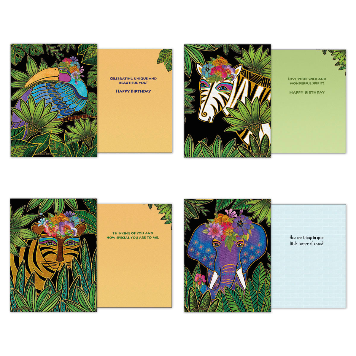 Full display of four unique 'Jungle Spirit' greeting cards opened to reveal their vibrant animal designs (toucan, zebra, tiger, elephant) and diverse encouraging messages for various occasions.