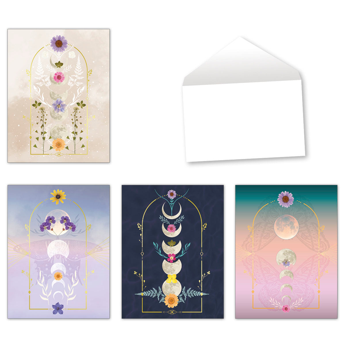 Assortment of four celestial floral greeting cards with moon phases, featuring delicate illustrations and one white envelope.