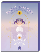 Close-up of a 'Moon Phases Note Cards by Two If By Sea' greeting card featuring a purple, orange, and white moon phase design with flowers and gold accents.