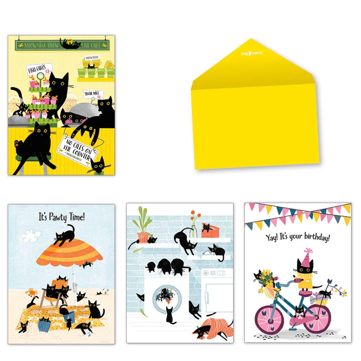 Assortment of four unique greeting cards featuring playful black cats in different scenes (cafe, beach, laundry, bike) and a yellow envelope, perfect for various occasions.