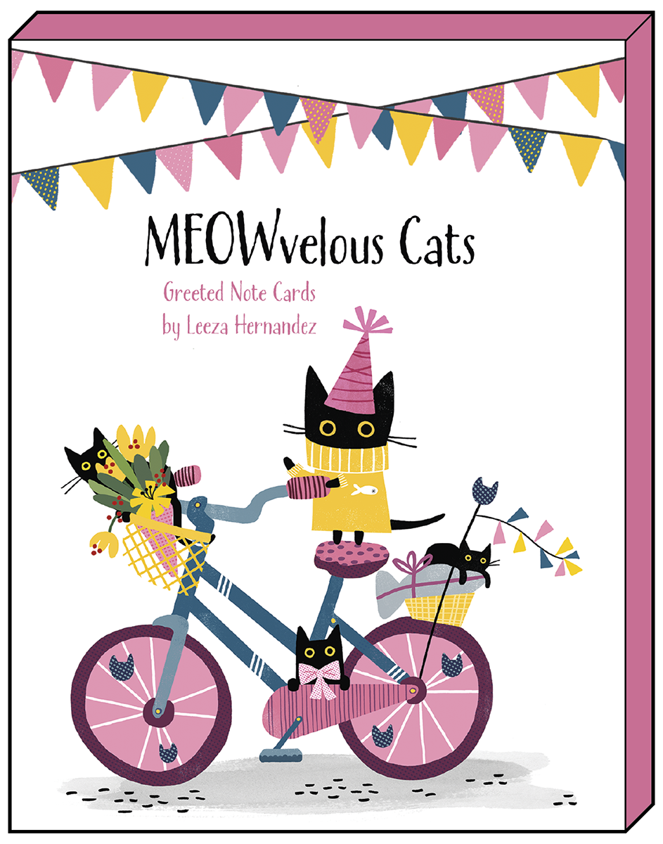 MEOWvelous Cats greeted note card box featuring a black cat riding a bicycle with smaller cats, surrounded by colorful bunting on a white background.