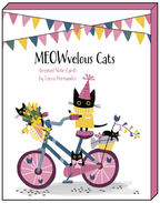 MEOWvelous Cats greeted note card box featuring a black cat riding a bicycle with smaller cats, surrounded by colorful bunting on a white background.