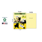 Image detailing the dimensions (5 1/2'' by 4 1/2'') and sustainability features (Sustainably-Sourced Paper, Soy-Based Inks, Made in USA) of a black cat themed greeting card.