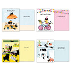 Four black cat greeting cards displayed open, revealing their whimsical interior messages: 'Happy Purr-thday!', 'Let the good times roll!', 'Meow's it goin'?', and 'How are things in your little corner of chaos?'