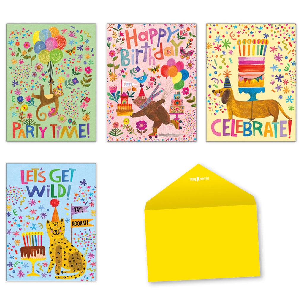 Vibrant collection of five 'Party Animals' themed birthday greeting cards and a bright yellow envelope, featuring playful illustrations of a monkey with balloons, a roller-skating bear, a dachshund with a party hat, and a leopard celebrating with cake and confetti.