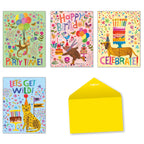 Vibrant collection of five 'Party Animals' themed birthday greeting cards and a bright yellow envelope, featuring playful illustrations of a monkey with balloons, a roller-skating bear, a dachshund with a party hat, and a leopard celebrating with cake and confetti.