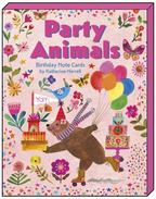 Front cover of the 'Party Animals Birthday Note Cards by Katherine Herrell' box, showcasing a cheerful roller-skating bear holding balloons amidst a flurry of flowers, butterflies, and colorful confetti on a pink background.