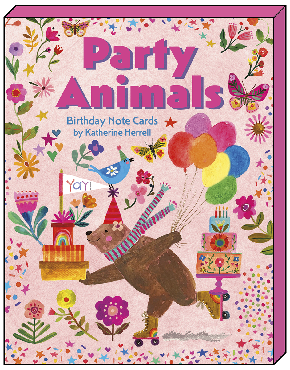 Front cover of the 'Party Animals Birthday Note Cards by Katherine Herrell' box, showcasing a cheerful roller-skating bear holding balloons amidst a flurry of flowers, butterflies, and colorful confetti on a pink background.