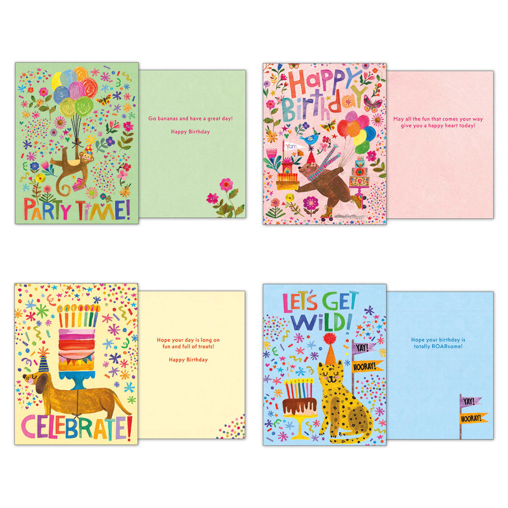 Open views of all four 'Party Animals' birthday cards, displaying unique designs with a monkey, bear, dachshund, and leopard, alongside their individual inner birthday messages.