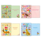 Open views of all four 'Party Animals' birthday cards, displaying unique designs with a monkey, bear, dachshund, and leopard, alongside their individual inner birthday messages.