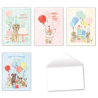 Assortment of five cute dog-themed birthday greeting cards with balloons, cakes, and gifts, plus a white envelope, ideal for various celebrations.