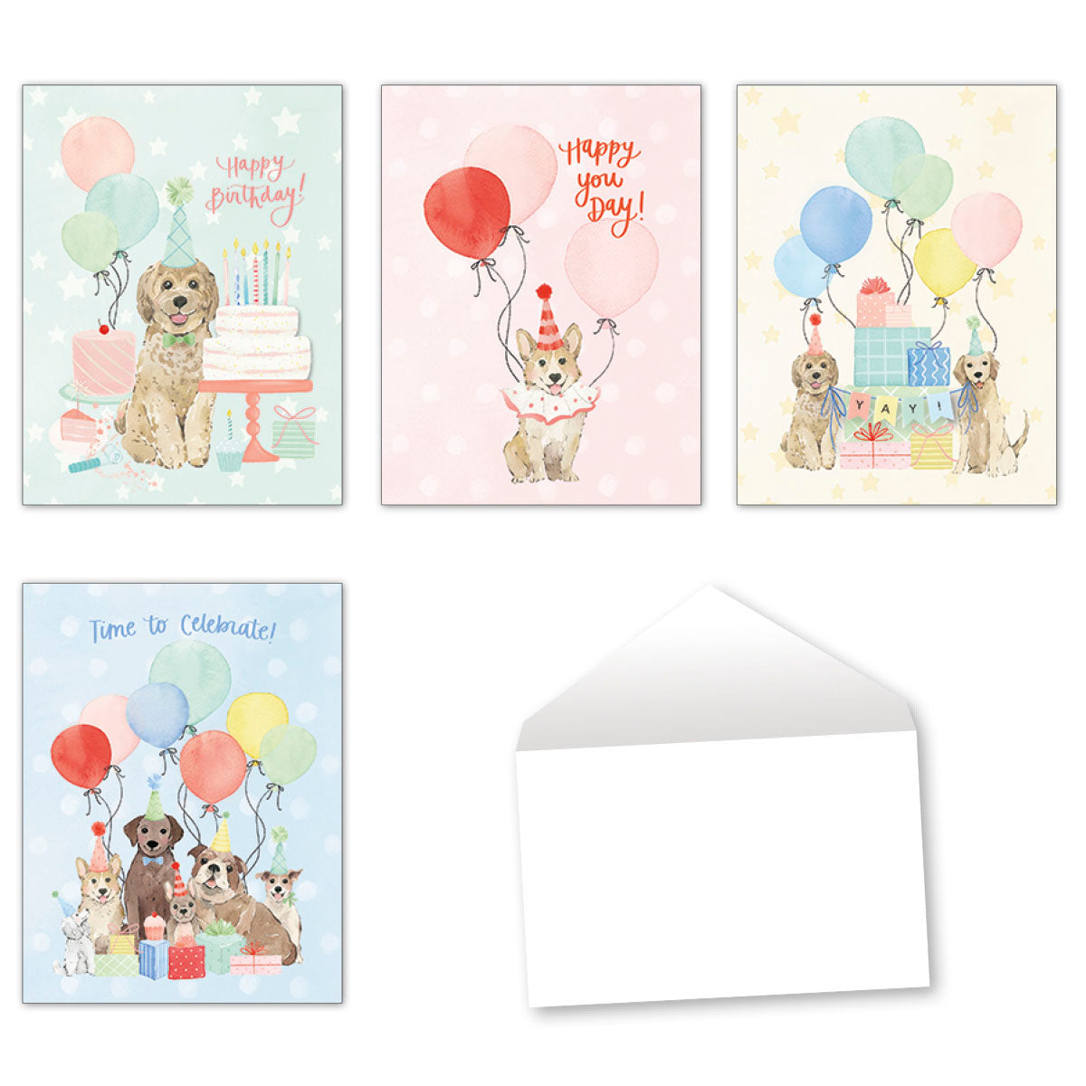 Assortment of five cute dog-themed birthday greeting cards with balloons, cakes, and gifts, plus a white envelope, ideal for various celebrations.