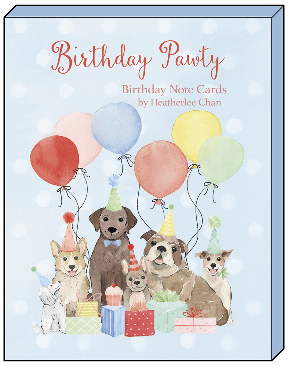 Front cover of 'Birthday Pawty' greeting card box by Heatherlee Chan, featuring an array of adorable dogs in party hats with colorful balloons and presents, perfect for dog lovers.