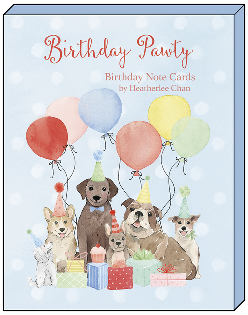 Front cover of 'Birthday Pawty' greeting card box by Heatherlee Chan, featuring an array of adorable dogs in party hats with colorful balloons and presents, perfect for dog lovers.