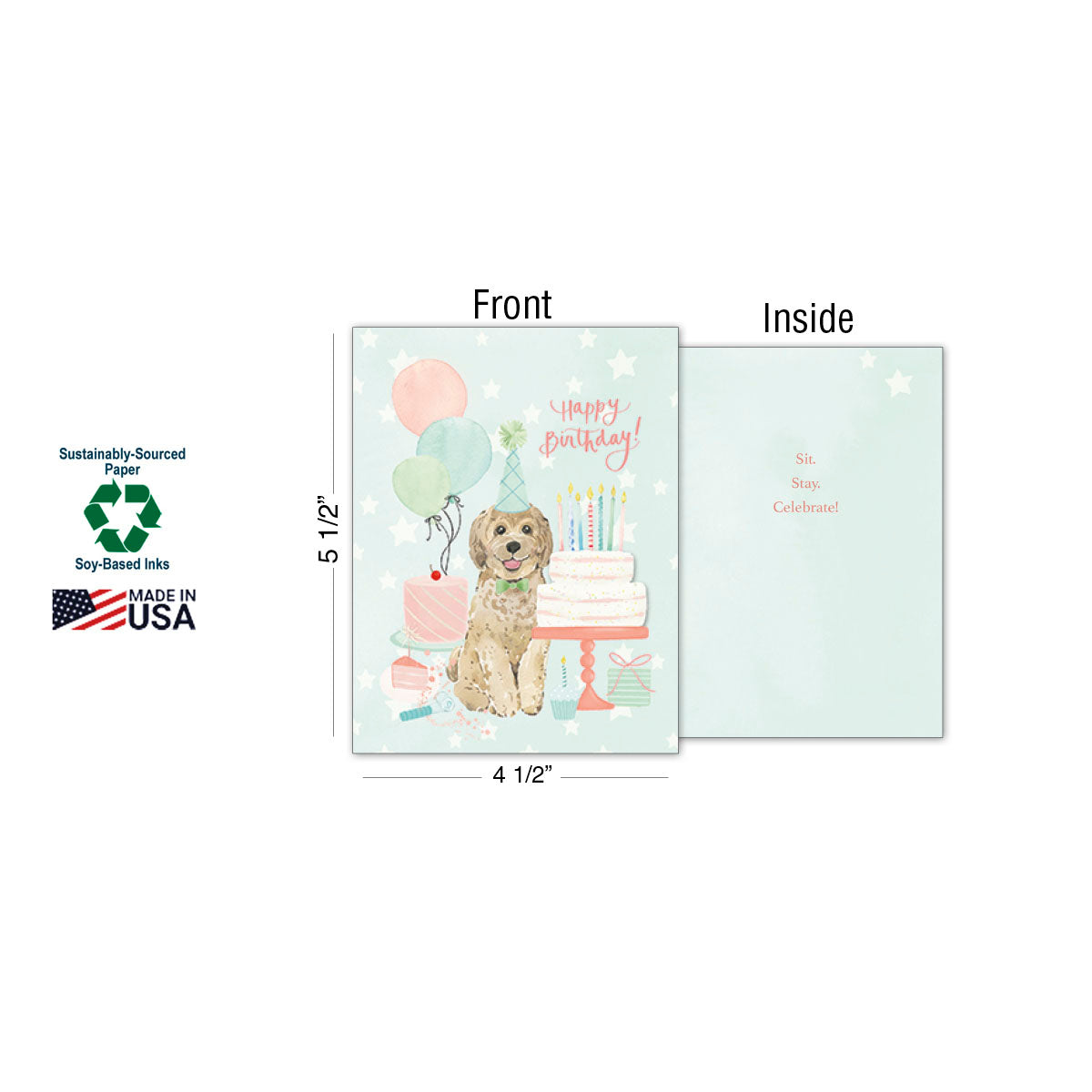 Single cute dog birthday card from assortment, showing front design with golden retriever, cake, and balloons, interior message 'Sit, Stay, Celebrate!', dimensions 4 1/2'' x 5 1/2'', and eco-friendly features like sustainably-sourced paper and soy-based inks, Made in USA.