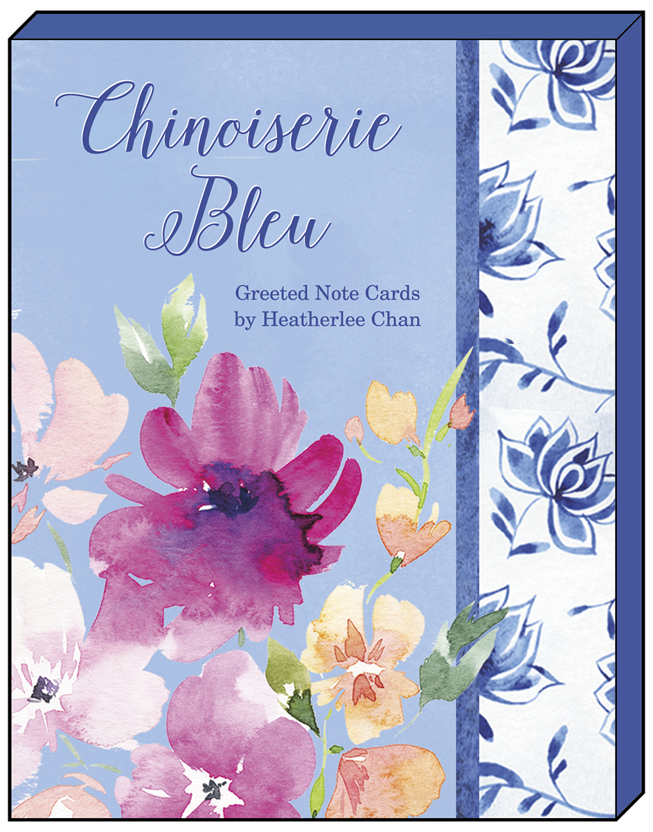 Close-up of the 'Chinoiserie Bleu' boxed greeting card cover by artist Heatherlee Chan, featuring vibrant watercolor flowers and a blue and white decorative border.