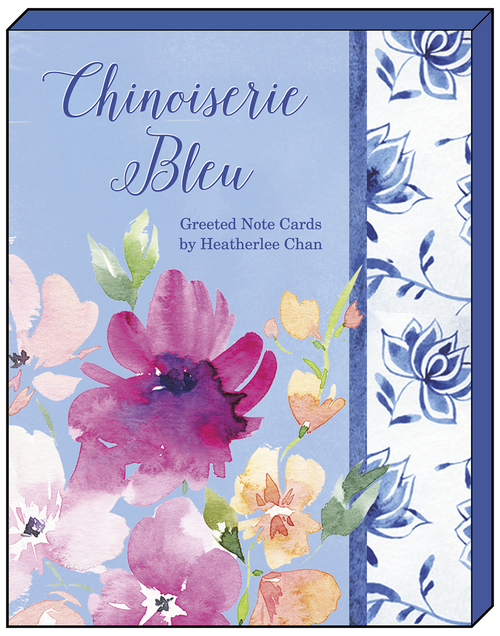 Chinoiserie Bleu greeted note cards box by Heatherlee Chan, showcasing elegant blue and white floral patterns and large watercolor blossoms.