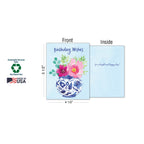 Front and inside view of the 'Birthday Wishes' greeting card, displaying watercolor florals in a chinoiserie vase and the inside message 'for a bright and happy day!'. Dimensions (4 1/2" x 5 1/2"), 'Sustainably-Sourced Paper', 'Soy-Based Inks', and 'Made in USA' labels are visible.