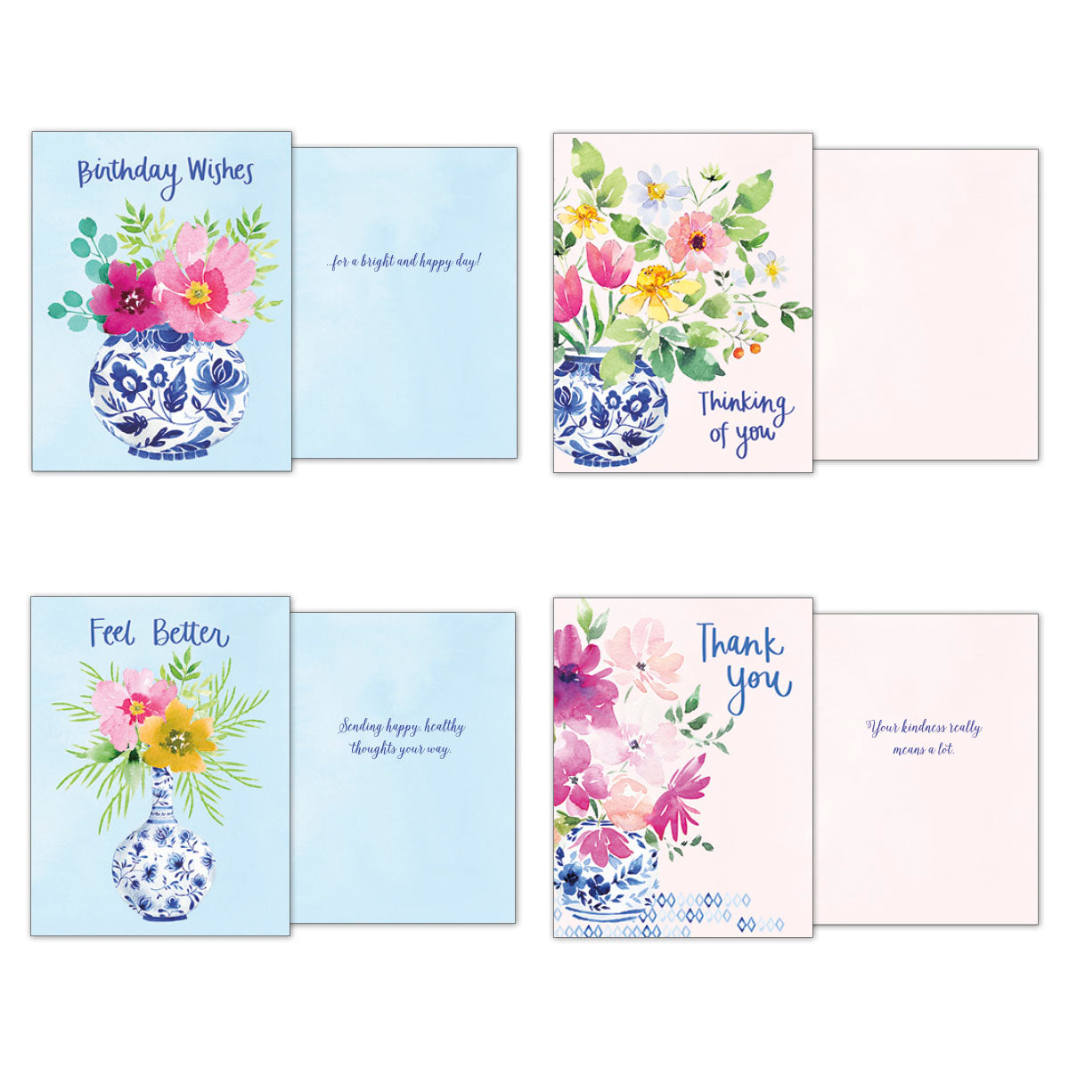 Four open Chinoiserie Bleu greeting cards with their corresponding envelopes. The cards feature watercolor floral designs and messages like 'Birthday Wishes', 'Thinking of you', 'Feel Better', and 'Thank you', revealing their unique inside sentiments.