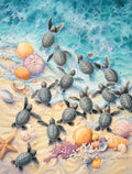 Watercolor illustration of baby sea turtles hatching, crawling across a sandy beach with seashells and coral, heading into the turquoise ocean waves. Perfect for nature lovers and inspiring cards.
